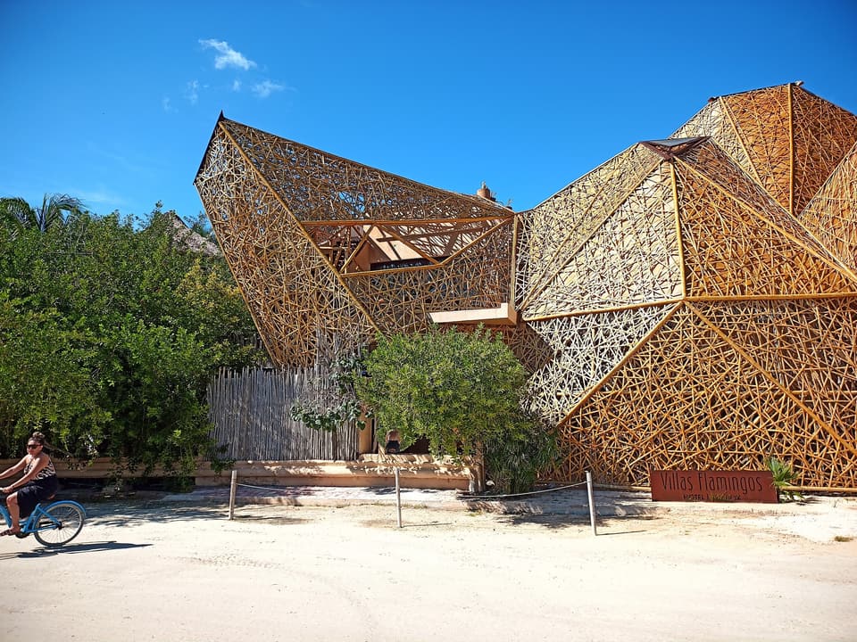 Estructura arquitectónica de acero recubierta con bejuco